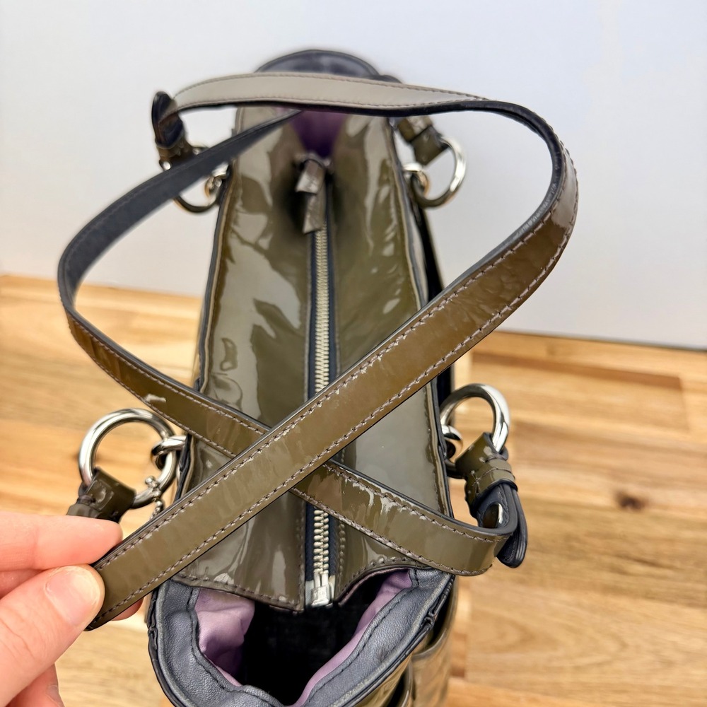 Coach Signature Embossed Patent Leather Tote Bag Olive Green Silver Hardware - Picture 6 of 13